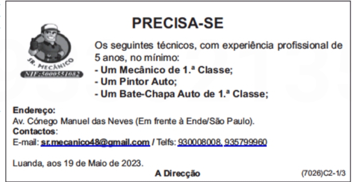 TRÊS (3) VAGAS DISPONÍVEIS NA SR. MECÂNICO 