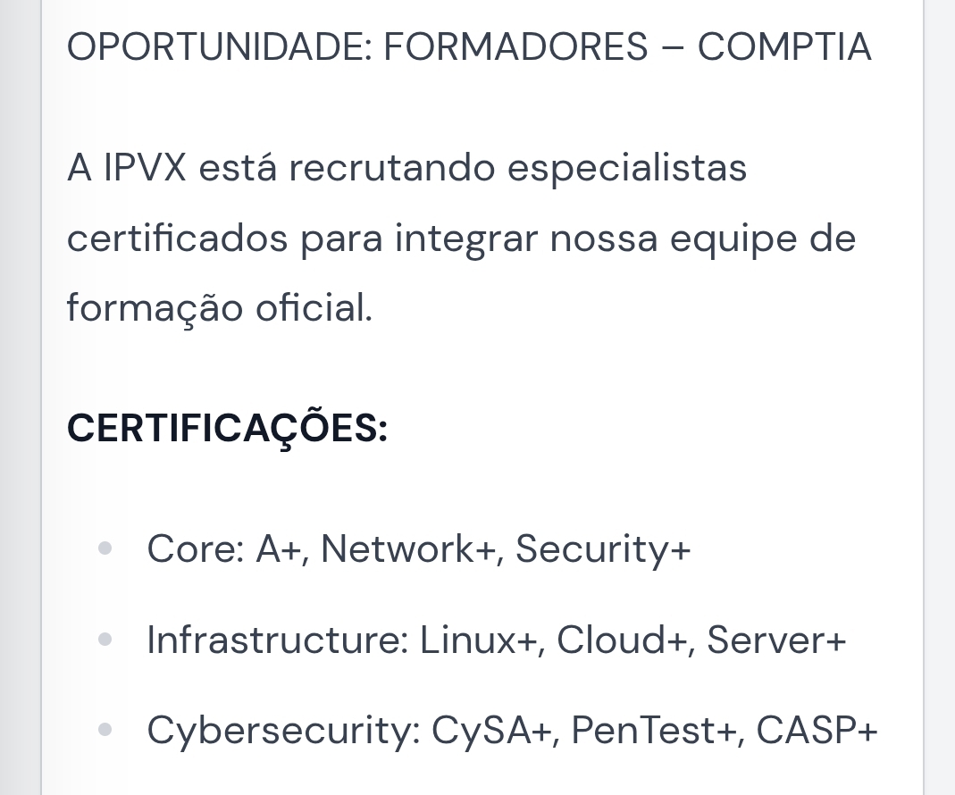 Vaga para Formadores COMPTIA