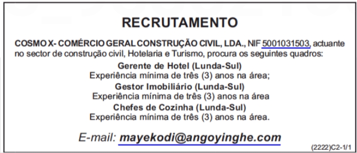 Oportunidade para Gerente de Hotel, Gestor Imobiliário & Chefes de Cozinha