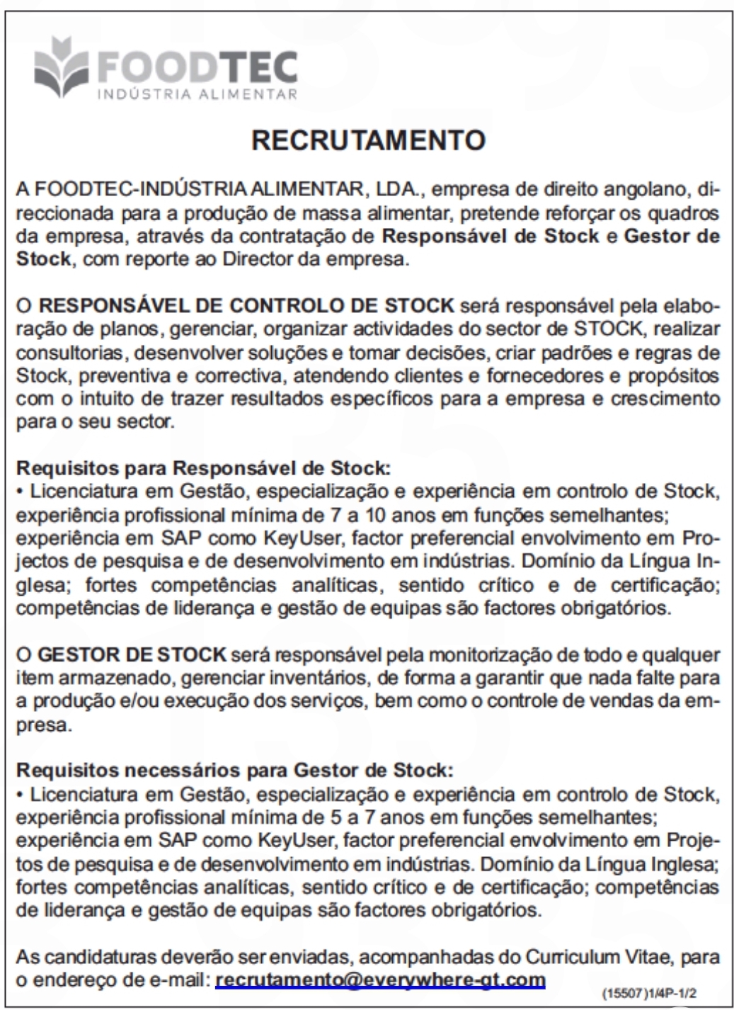 VAGA PARA GESTOR DE STOCK E RESPONSÁVEL DE CONTROLO DE STOCK