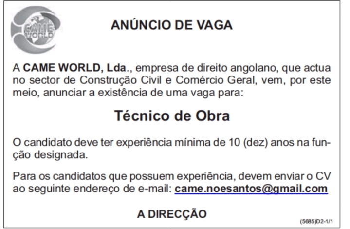 Vaga para um(1) Técnico de Obra