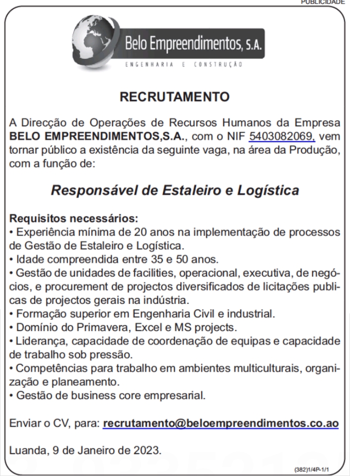 Vaga para Responsável de Estaleiro e Logística 
