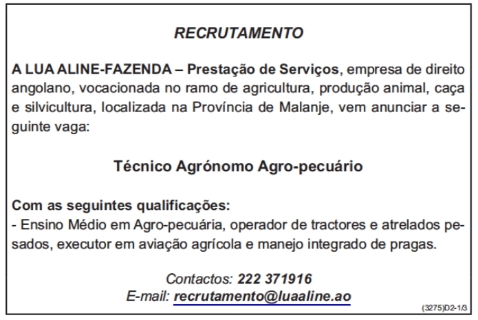 Vaga para Técnico Agrónomo Agro-pecuário 