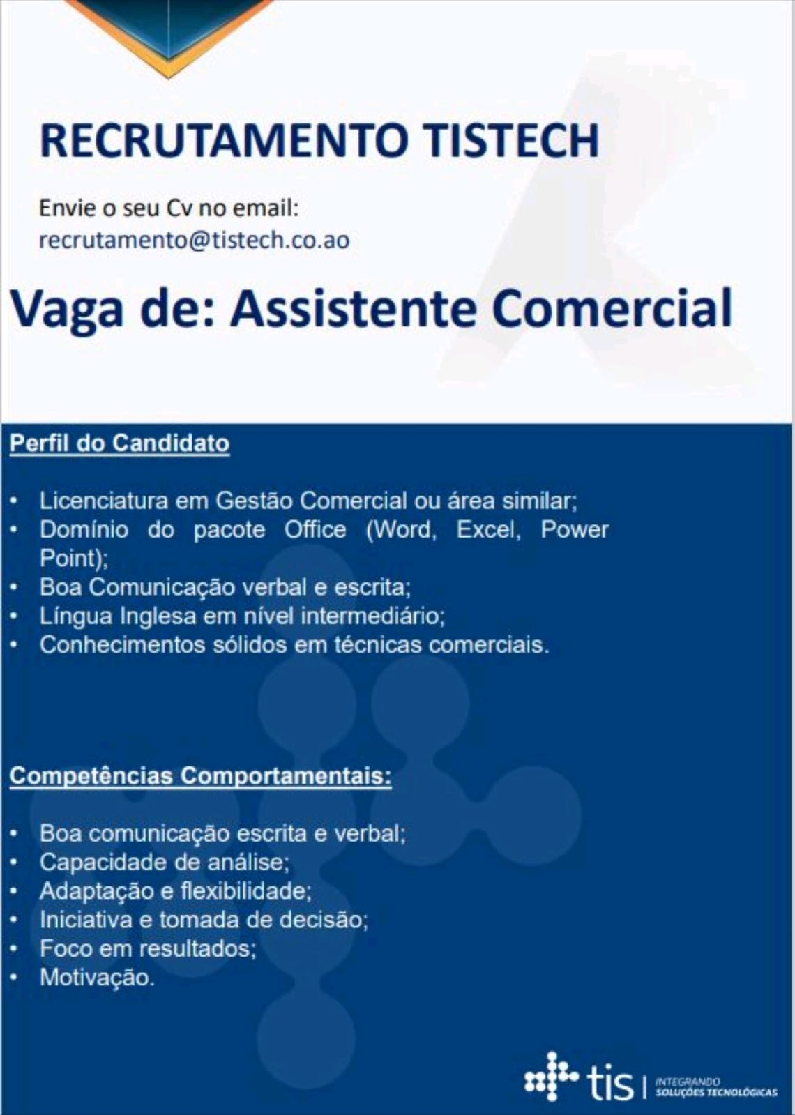 RECRUTAMENTO NA TISTECH PARA (ASSISTENTE COMERCIAL)