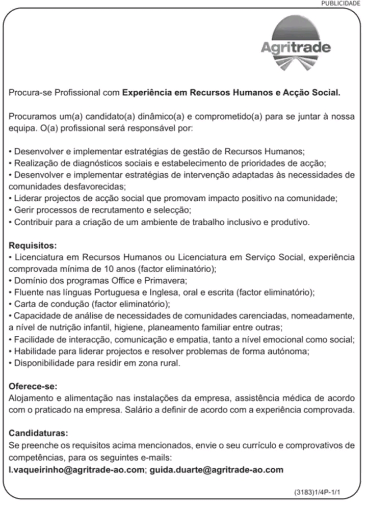 Agritrade está a recrutar profissional com experiência em Recursos Humanos e Acção Social
