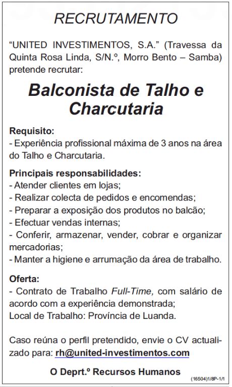 Balconista de Talho e Charcutaria