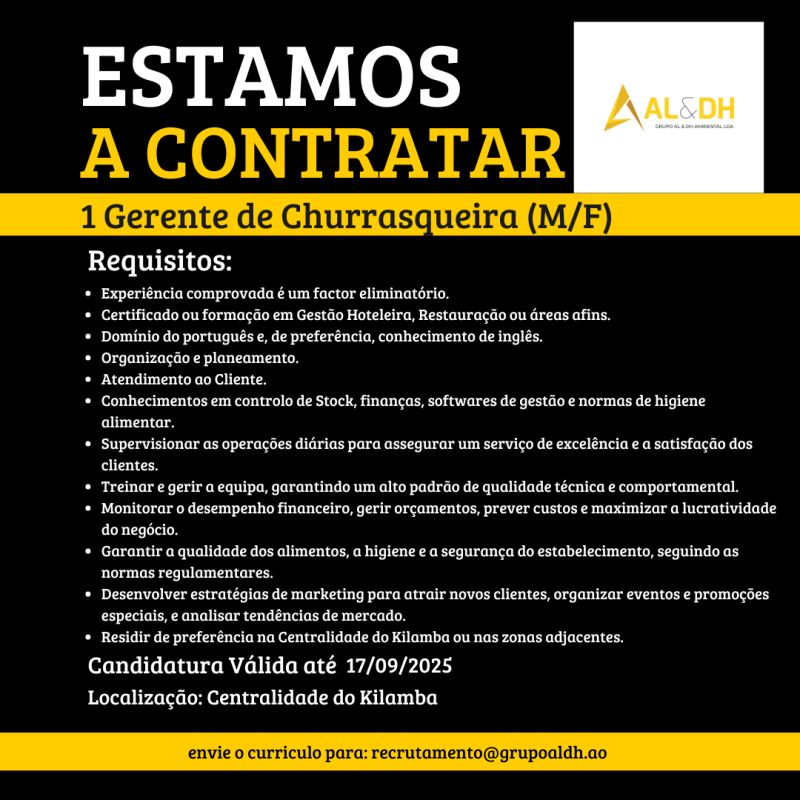 Vaga para 1 Gerente de Churrasqueira (M/F)