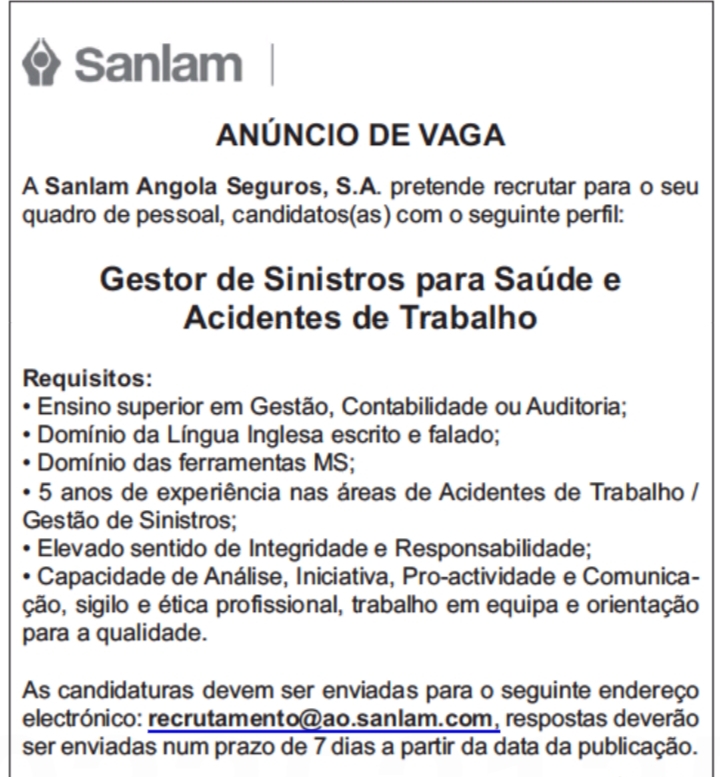 Vaga para Gestor de Sinistros para Saúde e Acidentes de Trabalho 