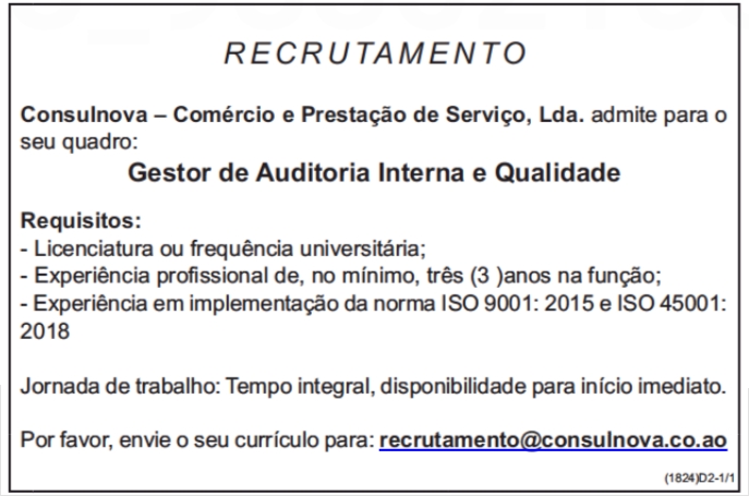 Oportunidade para Gestor de Auditoria Interna e Qualidade