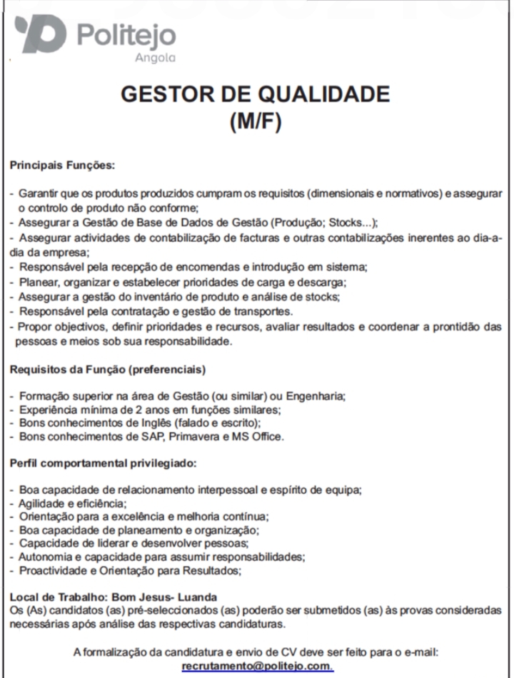 VAGA PARA GESTOR DE QUALIDADE (M/F)