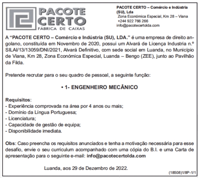 Não perca tempo e candidate-se já na vaga de Mecânico Montador! Saiba mais  acessando o nosso portal! #jobartis #emprego #angola…