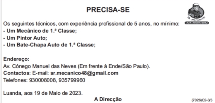 TRÊS (3) VAGAS DISPONÍVEIS NA SR. MECÂNICO 