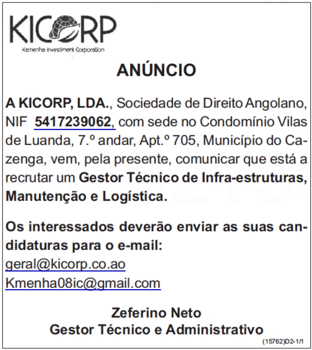 Vaga para Gestor Técnico de Infra-estruturas, Manutenção e Logística