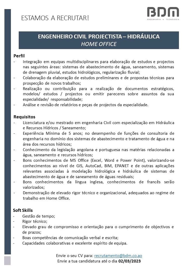 VAGA PARA ENGENHEIRO CIVIL PROJECTISTA— HIDRÁULICA HOME OFFICE 