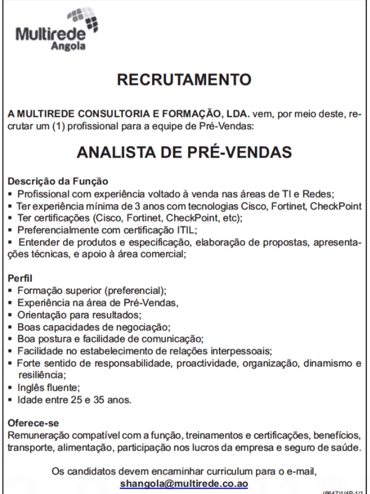 VAGA PARA ANALISTA DE PRÉ-VENDAS