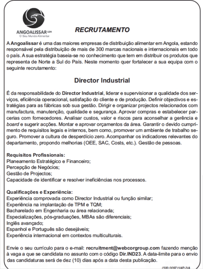 OPORTUNIDADE PARA DIRECTOR INDUSTRIAL