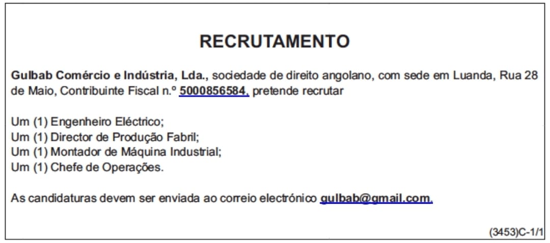 Quatro (4) Vagas Disponíveis Na Gulbab Comércio & Indústria- Lda