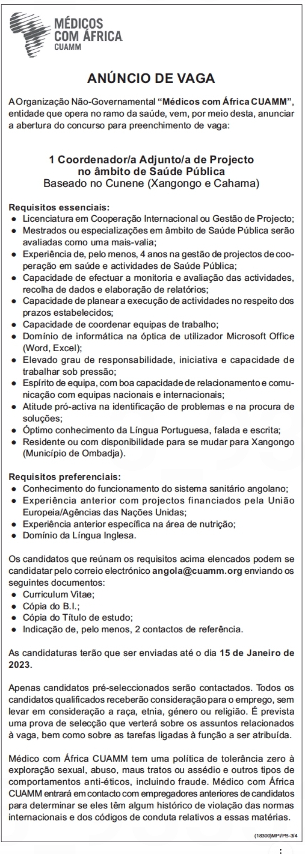Vaga para (1) Coordenador/a Adjunto/a de Projecto no âmbito de Saúde Pública 