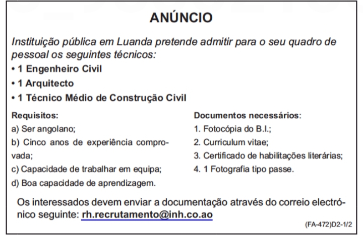Vagas Disponíveis para Engenheiro Civil, Arquitecto & Técnico Médio de Construção Civil  