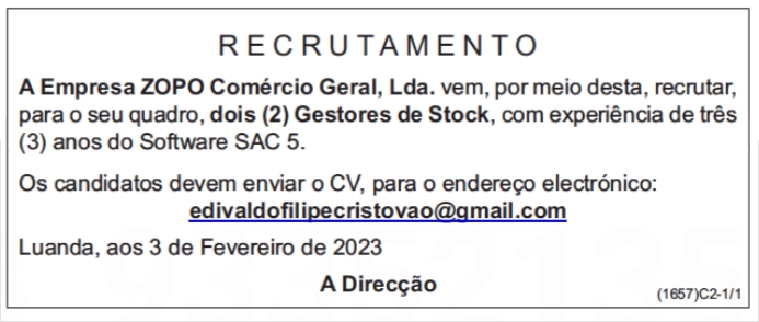 VAGA PARA DOIS (2) GESTORES DE STOCK