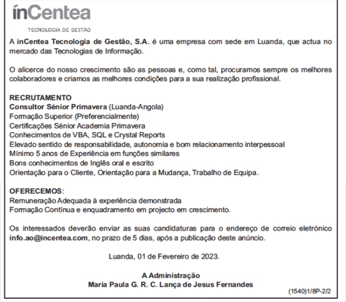 Vaga para Consultor Sénior Primavera (Luanda-Angola) 