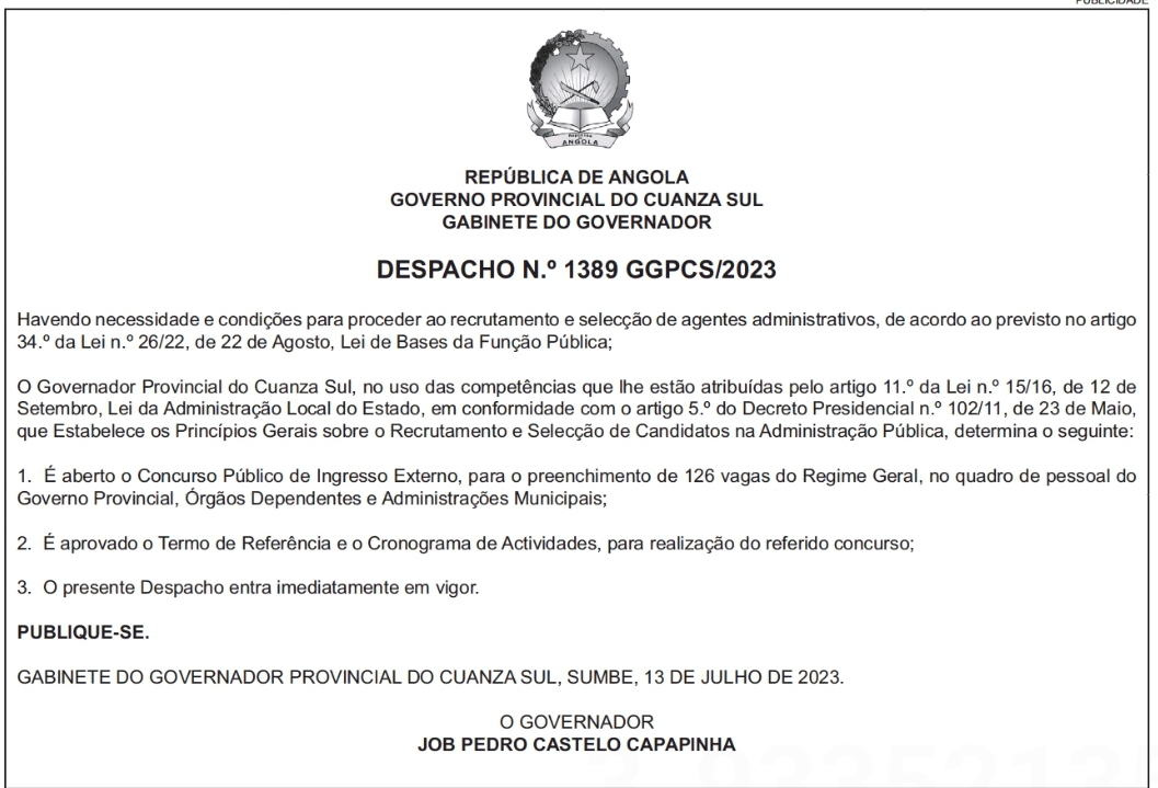 Concurso Público: 126 Vagas no Governo Provincial do Cuanza Sul 
