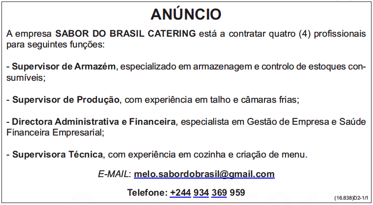 Quatro 4 Vagas Para Profissionais Na Sabor Do Brasil Catering Empregos Yoyota Angola Vagas 