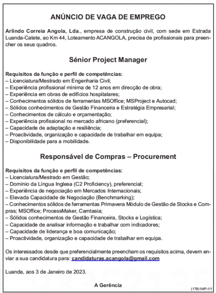 OPORTUNIDADE PARA SÊNIOR PROJECT MANAGER & RESPONSÁVEL DE COMPRAS- PROCUREMENT 