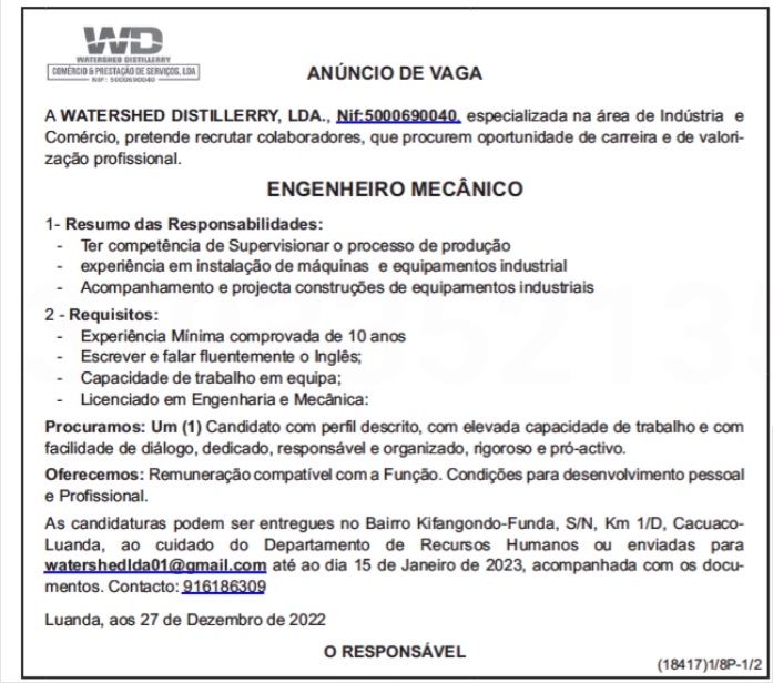 OPORTUNIDADE PARA ENGENHEIRO MECÂNICO