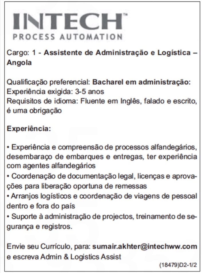 VAGA PARA UM (1) ASSISTENTE DE ADMINISTRAÇÃO E LOGÍSTICA-ANGOLA
