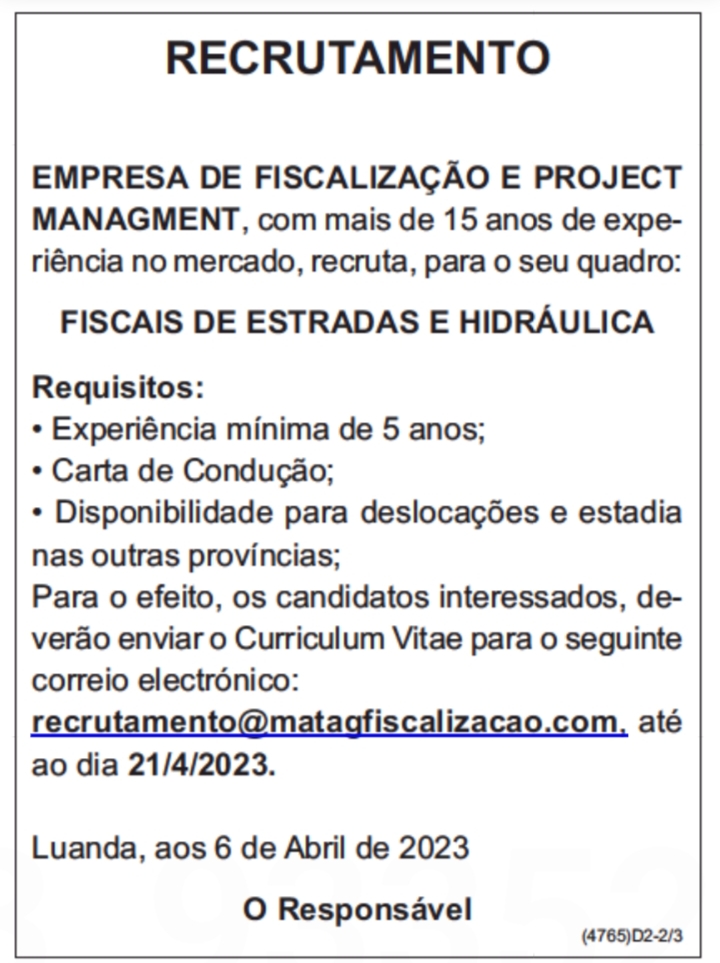 RECRUTAMENTO PARA  FISCAIS DE ESTRADAS E HIDRÁULICA