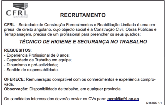 VAGA PARA TÉCNICO DE HIGIENE & SEGURANÇA NO TRABALHO 
