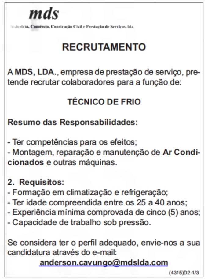 VAGA PARA TÉCNICO DE FRIO