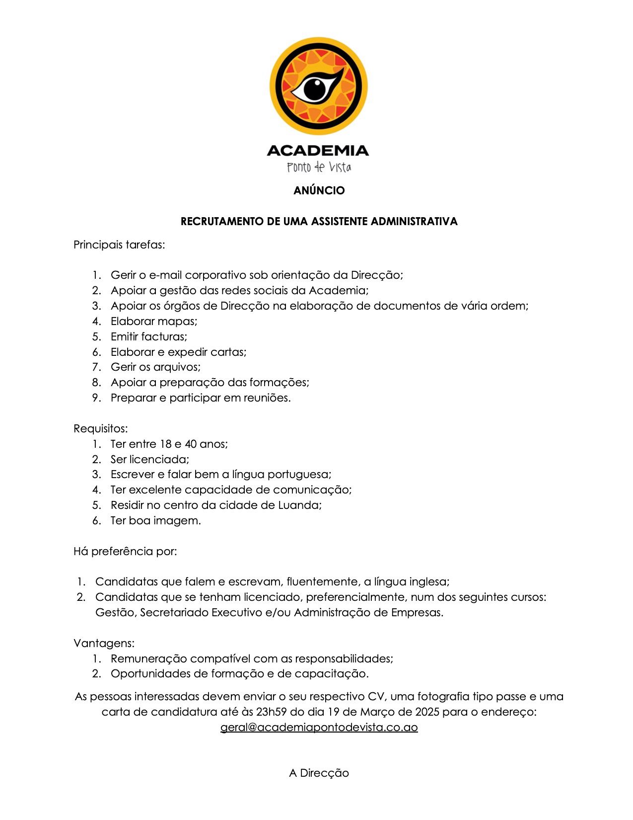 Oportunidade para Assistente Administrativa