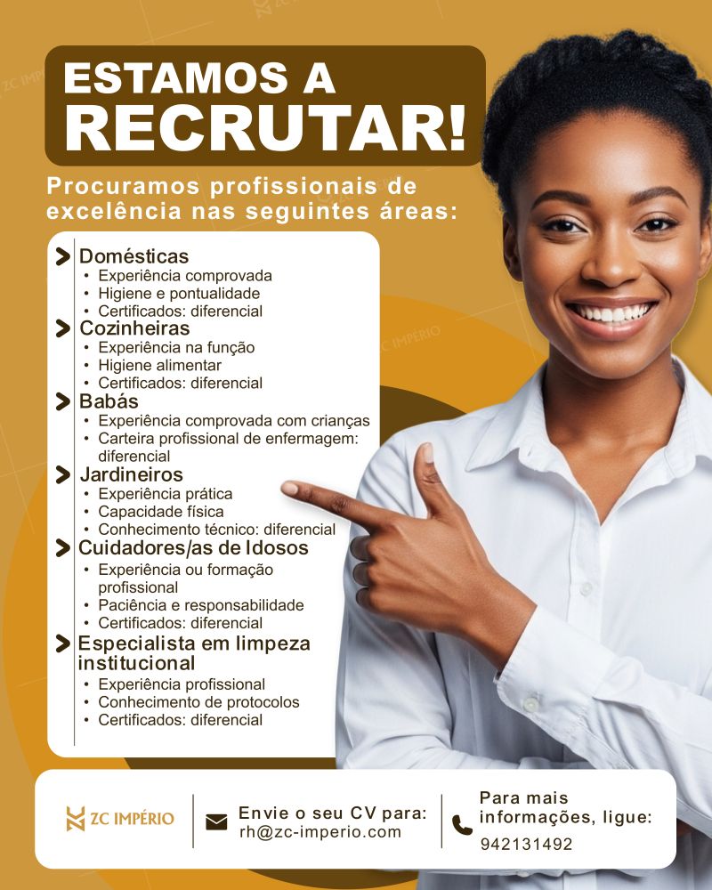 Oportunidades : Domésticas, Cozinheiras, Babás, Jardineiros,  Cuidadores de Idoso, Especialista em Limpeza Internacional 