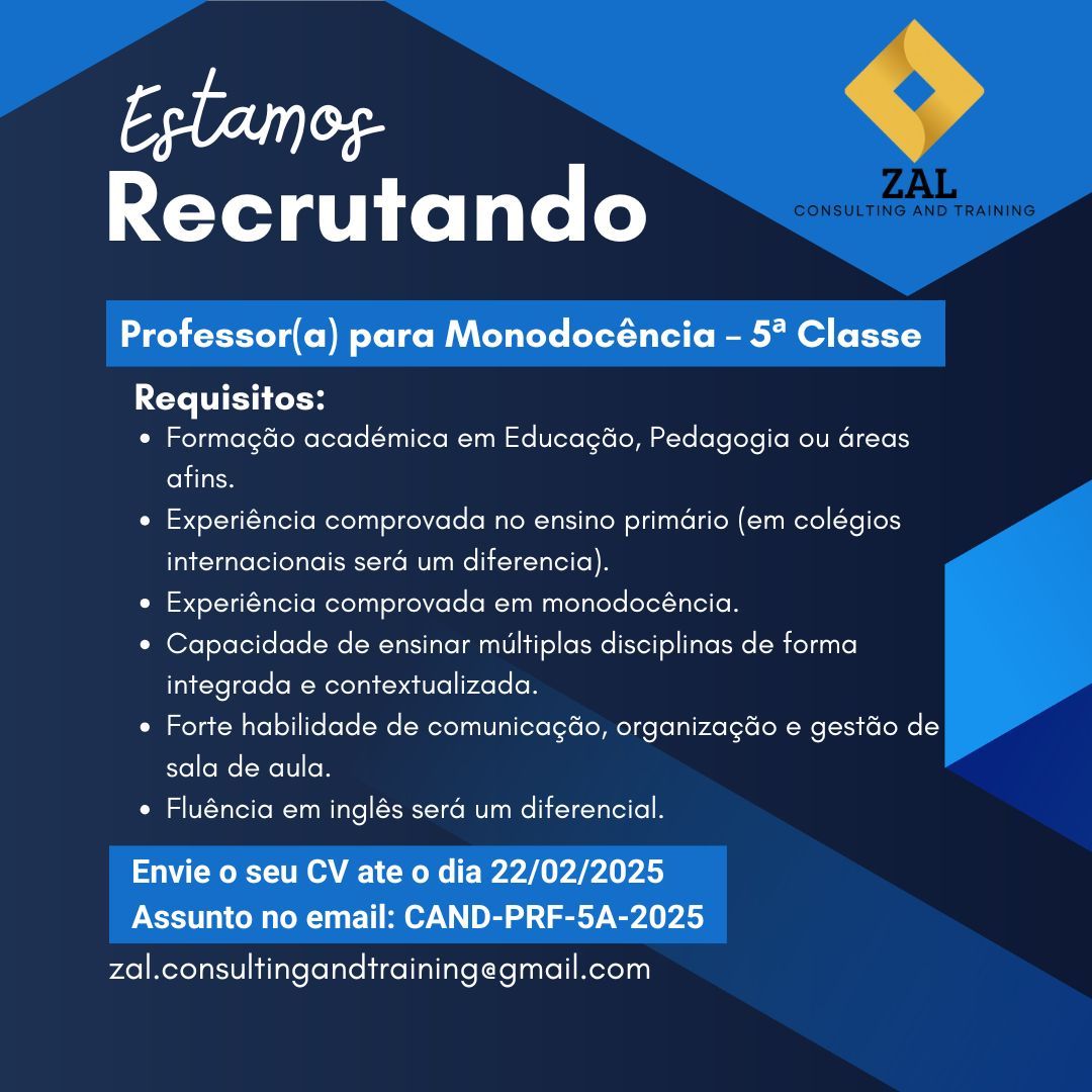 Vaga para Professor(a) de Monodocência para a 5ª Classe