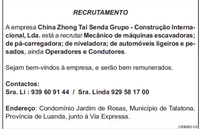 Cinco (5) vagas disponíveis na China Zhong Tai Senda Grupo - Construção Internacional, Lda