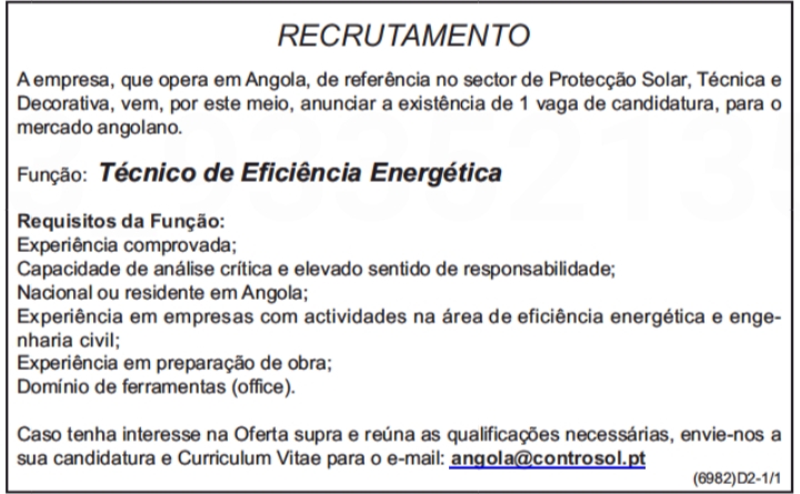 Vaga para Técnico de Eficiência Energética 