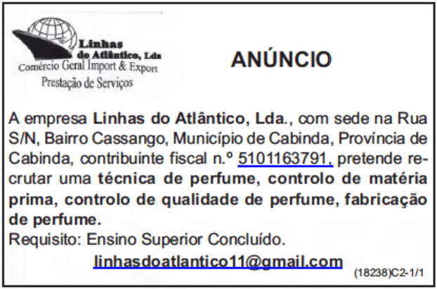 Oportunidade De Emprego Na Linhas Do Atlântico- Lda