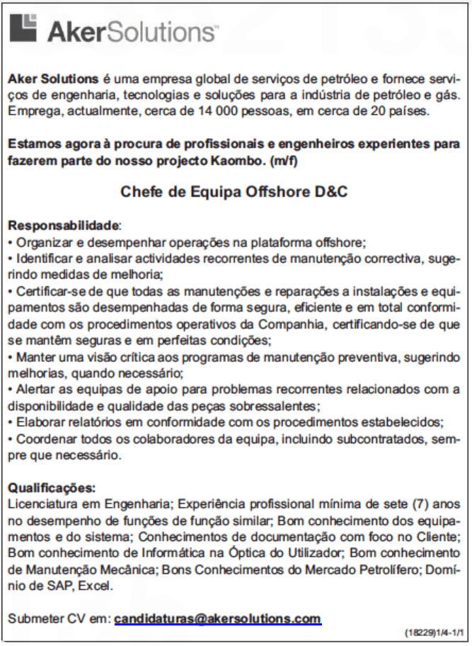 OPORTUNIDADE DE EMPREGO NA AKER SOLUTIONS 