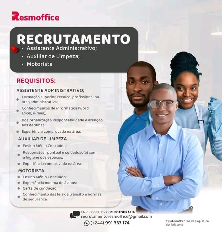 Vagas para Assistente administrativo, Auxiliar de Limpeza, Motorista 