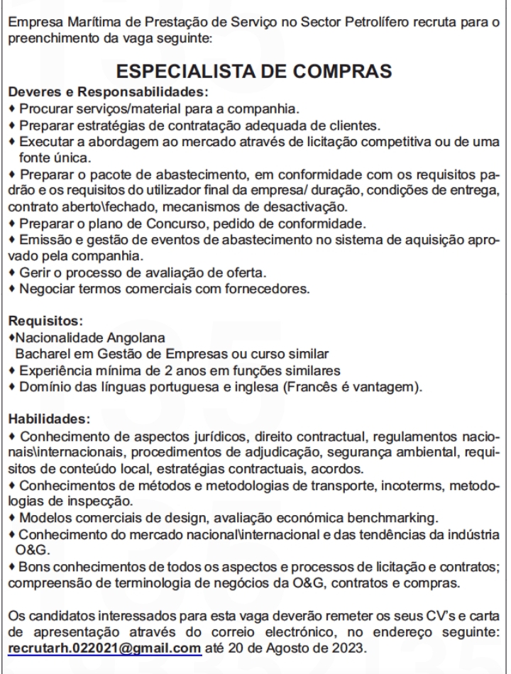 VAGA PARA ESPECIALISTA DE COMPRAS 