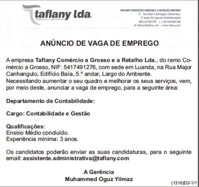 Vaga disponível no Departamento de Contabilidade na Taflany Comércio