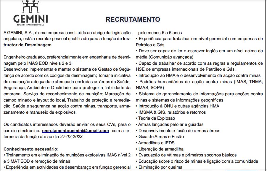 Vaga para Instrutor de Desminagem