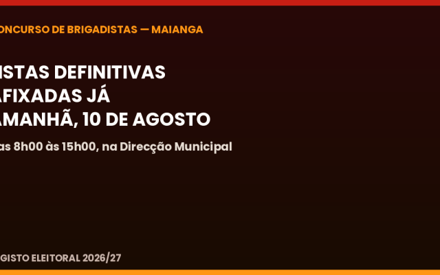 Maianga afixa amanhã as listas definitivas dos candidatos a Brigadista do Registo Eleitoral