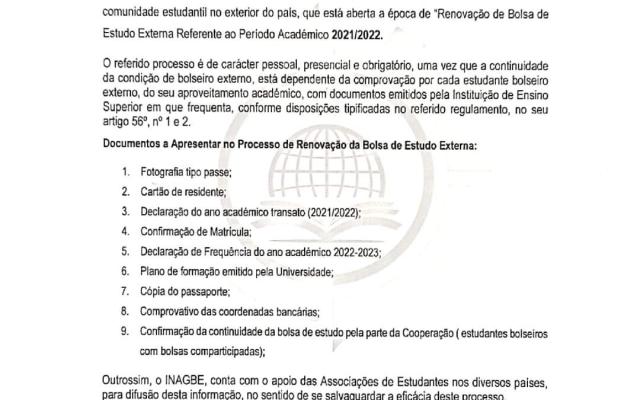 INAGBE avisa sobre renovação de bolsas externas