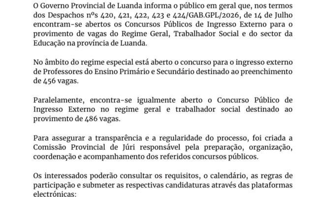 Governo Provincial de Luanda abre concursos públicos de ingresso externo para a Educação e para o Trabalhador Social