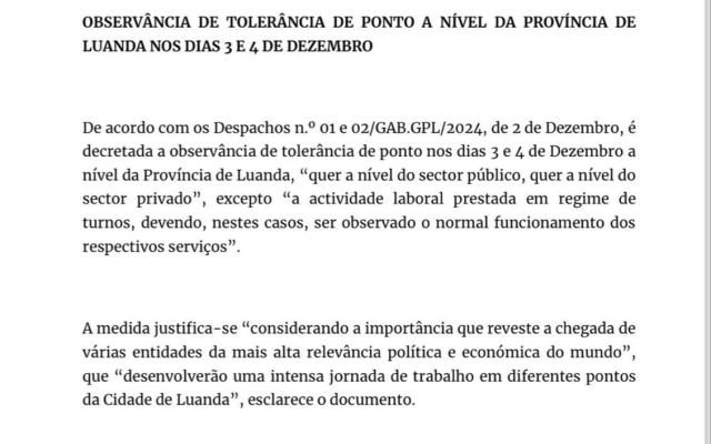 Governo angolano decreta tolerância de ponto nos dias 3 e 4 de Dezembro devido à visita de Joe Biden