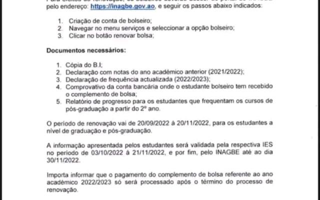 COMUNICADO DA RENOVAÇÃO DE BOLSAS
