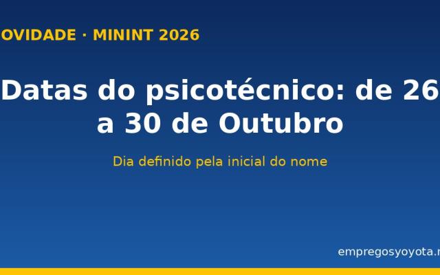 NOVIDADE: datas do psicotécnico MININT anunciadas — de 26 a 30 de Outubro, pela inicial do nome